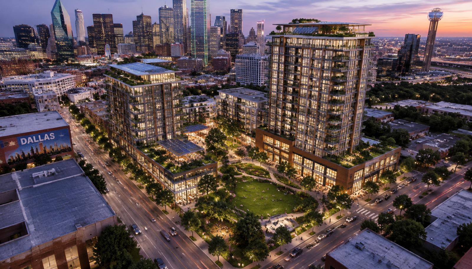 Rendering of a sustainable mixed-use block in downtown Dallas
